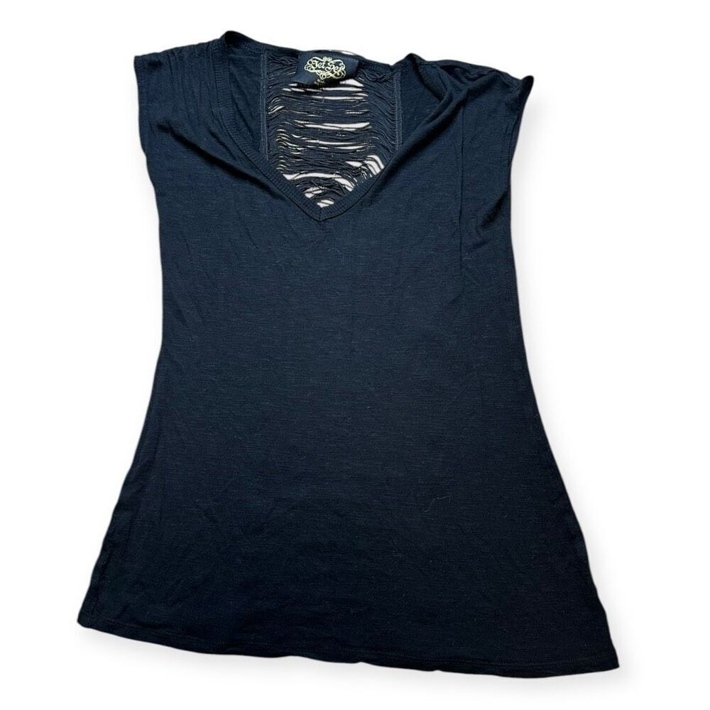 Jet Set Women's Black Shredded Back Detail Blouse Size Large